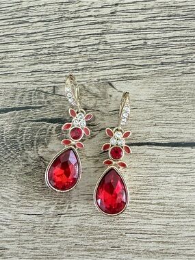 Givenchy Red & Gold Dangle Tear Drop Pierced Elegant Earrings